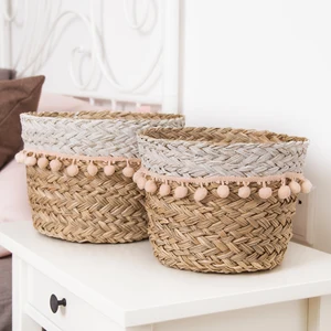 Image of Handmade housekeeping decorative linen children toy gift laundry bin natural straw round basket bag storage made of seagrass