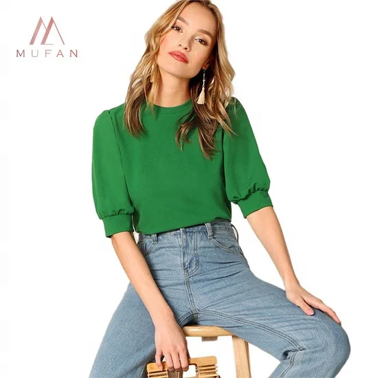 Ladies Casual Green and Pink Puff Half Sleeve Back Keyhole Workwear Elegant Blouses