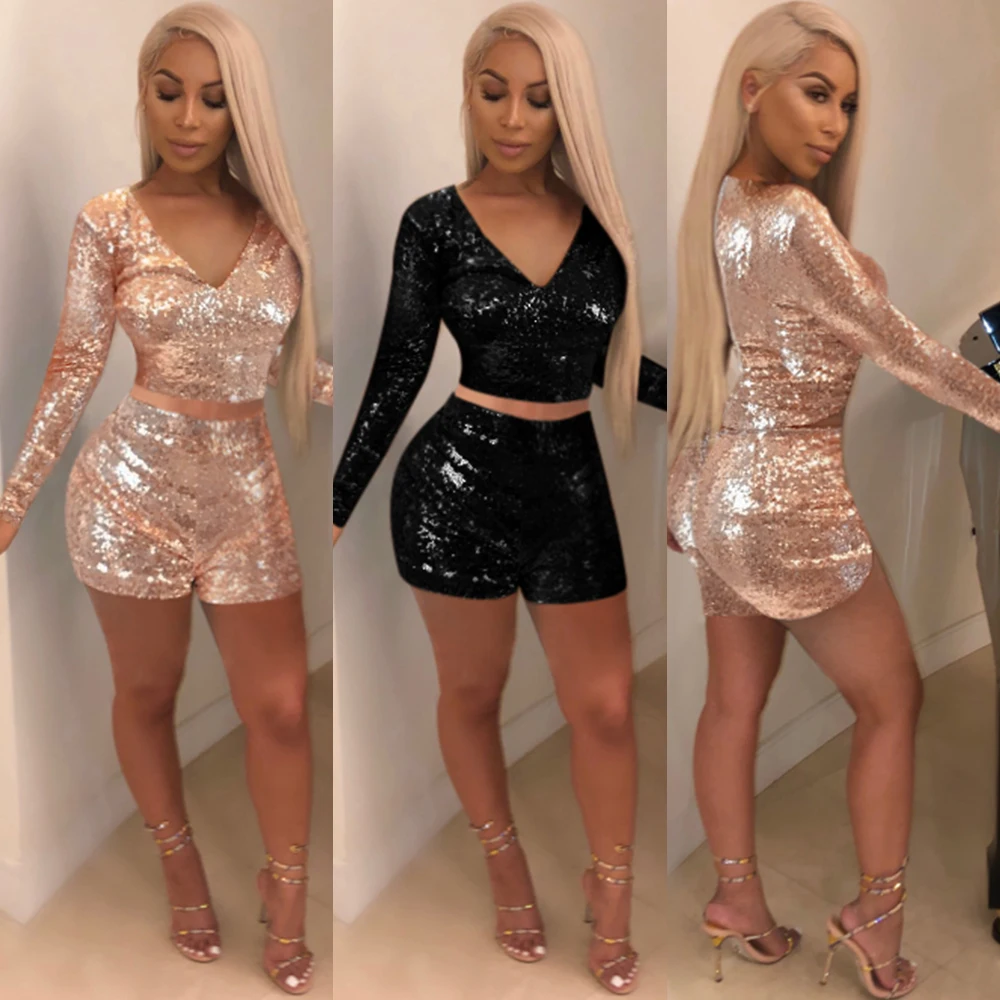 

WA8655 women sexy long sleeve crop top and shorts sequined two piece set clothing
