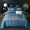 Wholesale king size 4/6/7 piece satin bedding comforter sets blue duvet cover luxury embroidery 100% cotton