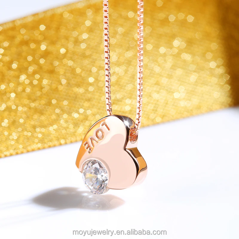 

sterling silver engraving LOVE zircon best friend heart pendant necklace 18k gold plated, Rose gold/rhodium
