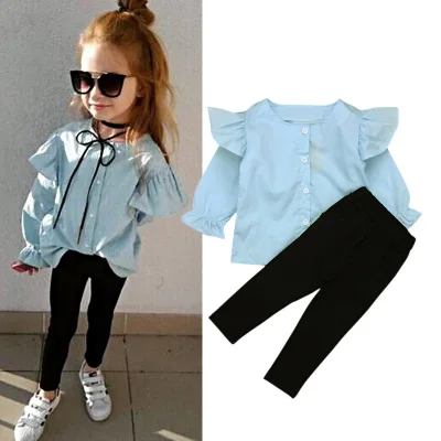 

F10714A Baby girl long sleeve trumpet sleeve shirt + trousers two sets for kids, As picture