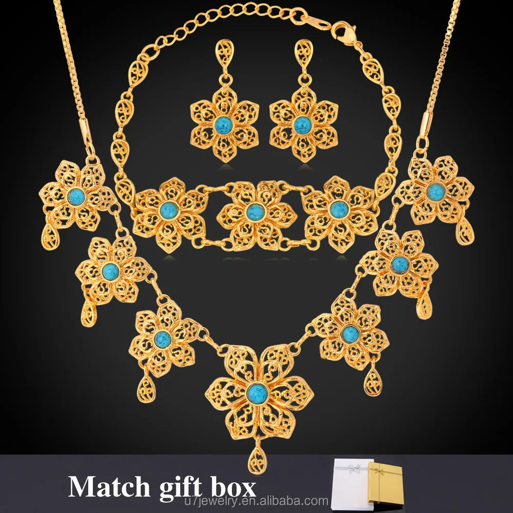 

Romantic Flower Necklace Set With Stamp 18K Real Gold Plated Turquoise Party Women Necklace Earrings Bracelet Jewelry Set, 18k gold plated