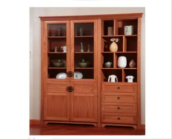 Full Standing Orange Hinge Door Narrow Wood Bookcase With Drawers