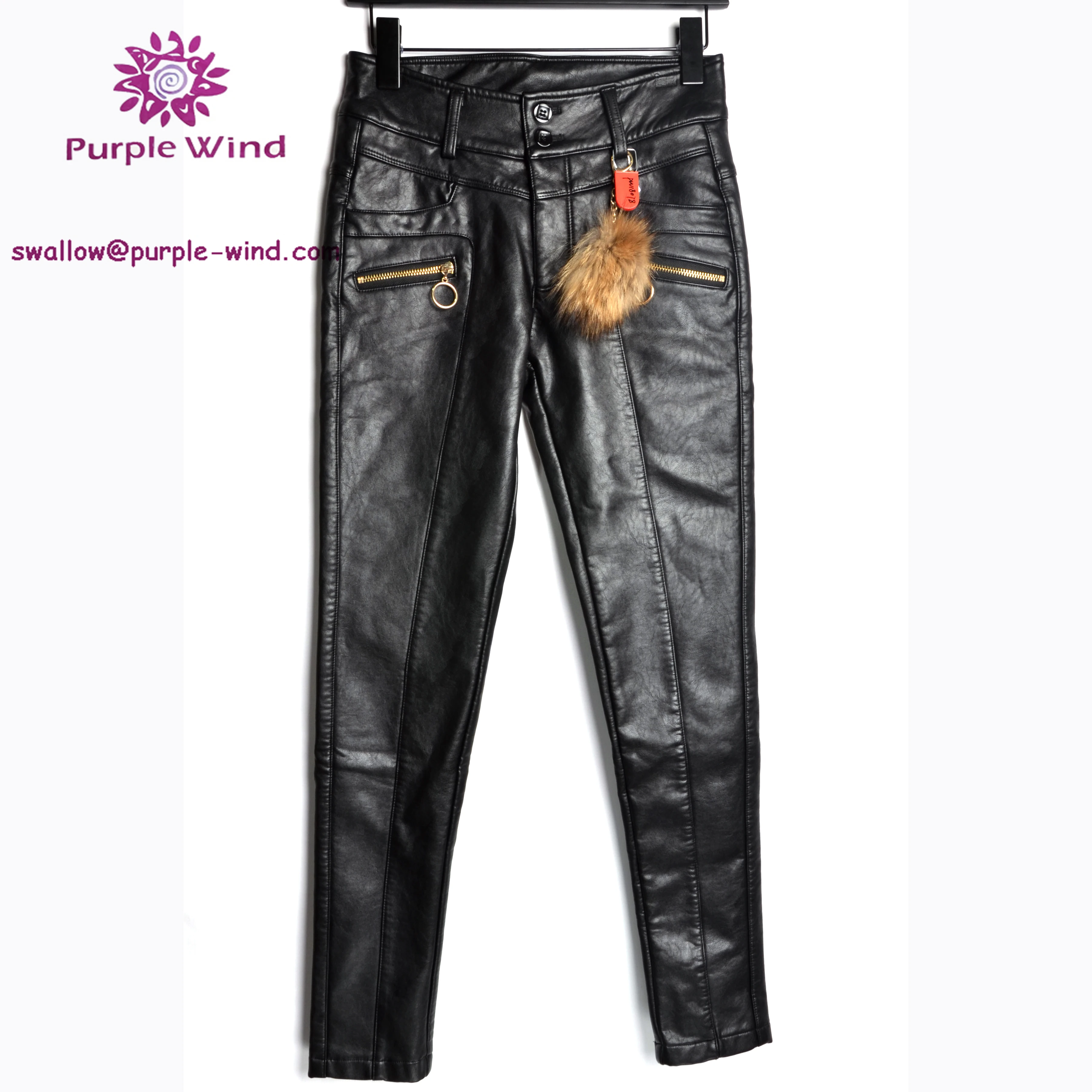 

Customized Women Skinny Stretch Faux Leather driuing fleece Pencil black Pants leather pants women