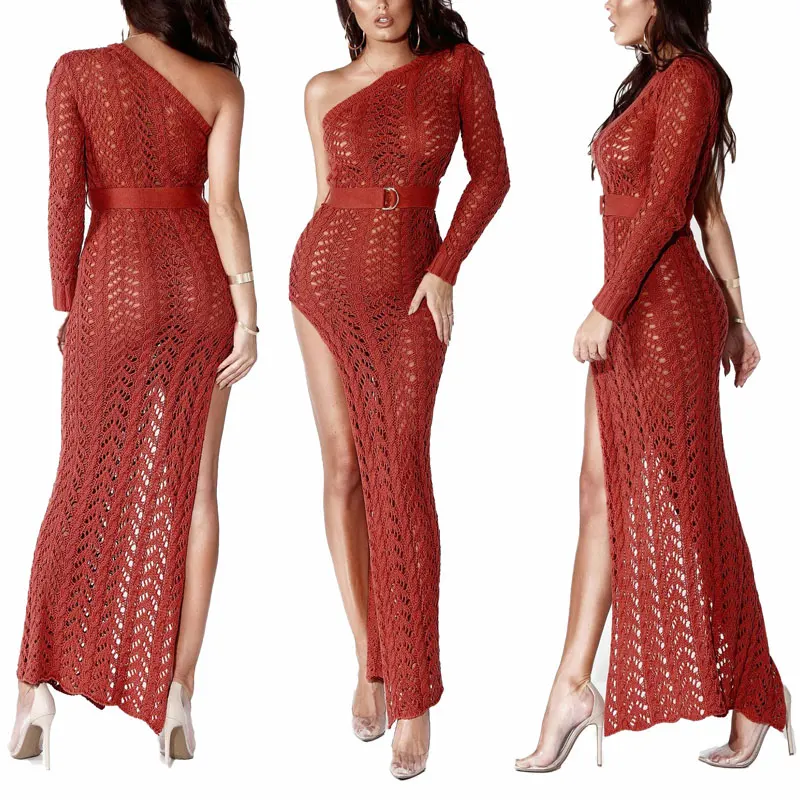 

90115-MX11 sexy mature ladies one shoulder hollow out knitted dress