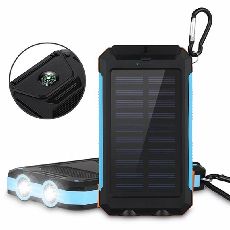 Solar Power Bank Waterproof 10000 mAh Solar Charger 2 USB Ports Solar Powerbank With LED Light