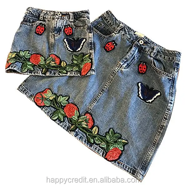 

Mommy and Me Cotton Washed Embroidered Patches Butterfly Ladybug Flowers Girls Denim Skirt, Denim skirt in light blue