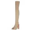 Wooden chunky high heel peep toe boots stretchy lycra long boots women