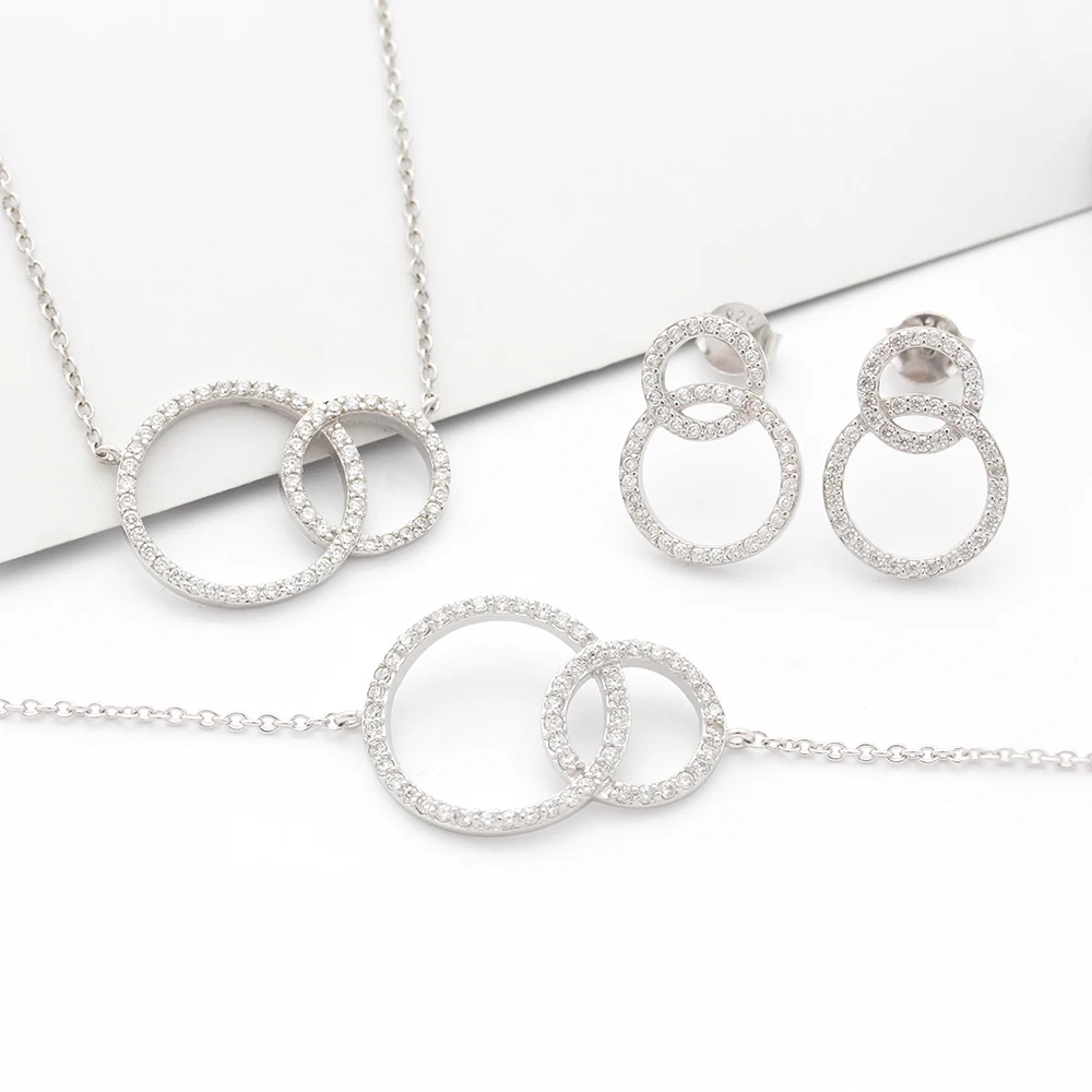 

Europe Fashion 925 Sterling Silver Jewelry Double Hoop Necklace Earring Bridal Jewelry Set With Gemstone, Silvery