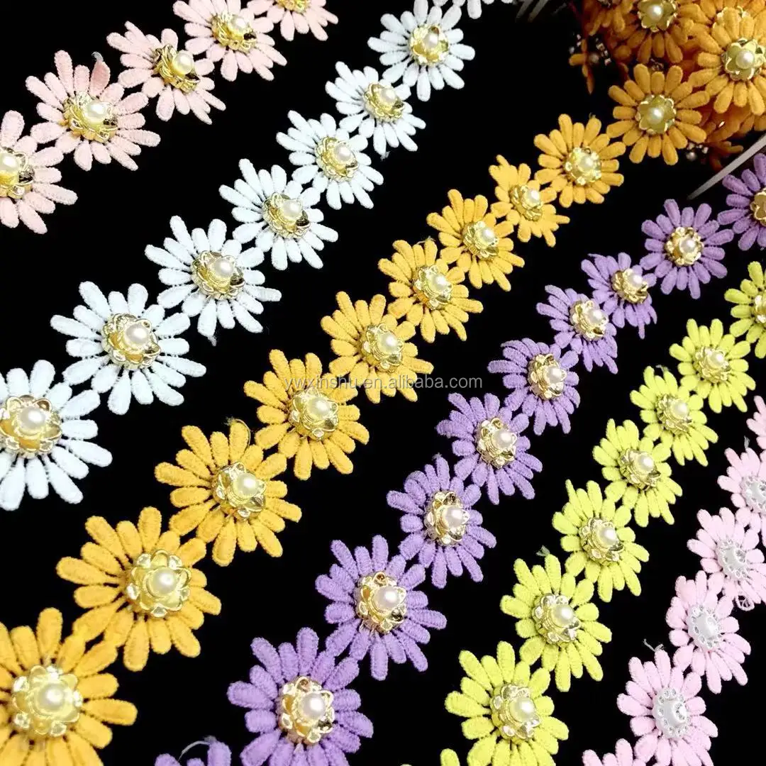 Aplique De Encaje Bordado Con Bordado De Margaritas Y Flores - Buy 