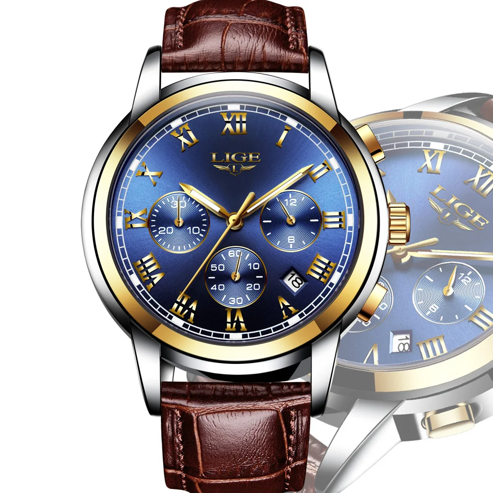 

LIGE LG9810M-Gold&Blue Mens Leather Watches Sport Quartz FashionTop Brand LIGE Luxury Waterproof Watches