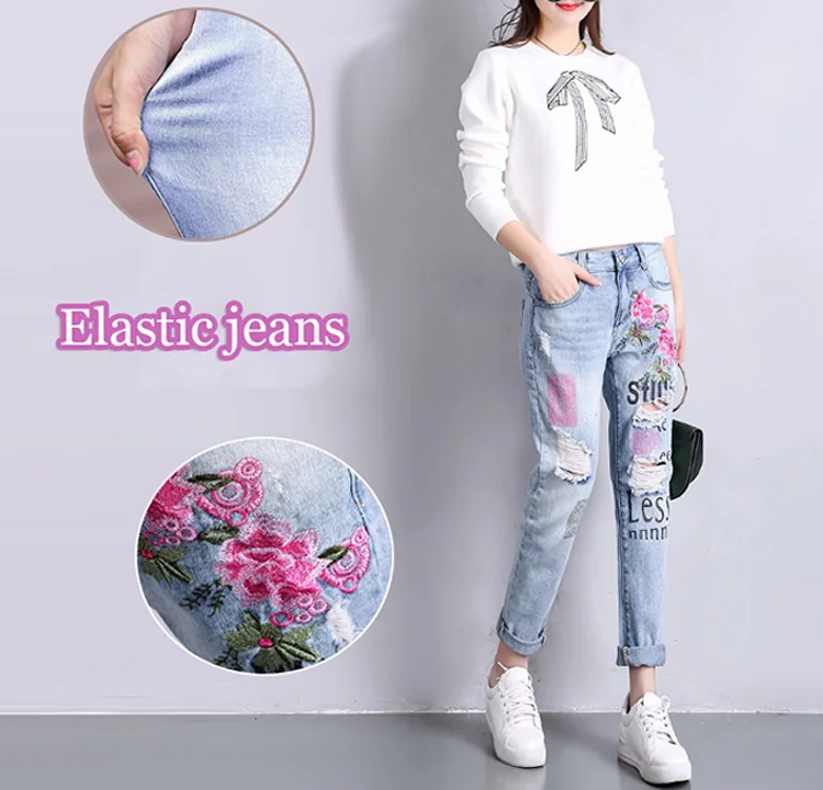 2019 High Quality Ladies Jeans Top Design Ripped Jeans Denim Embroidery Casual Pants Women