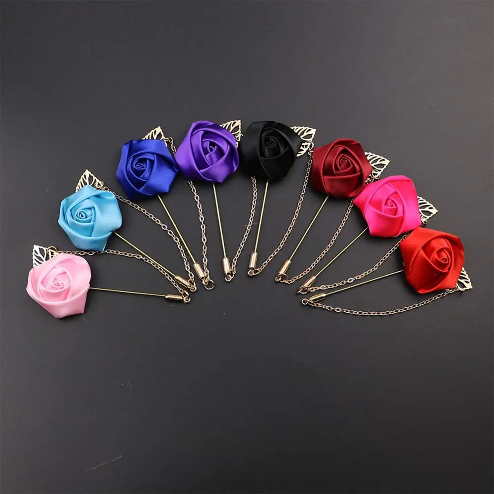 

High Quality Men's Suits Gold Leaves Roses Brooches Corsage Flowers Long Needle With Chain Handmade Lapel Pin Brooch, As the picture
