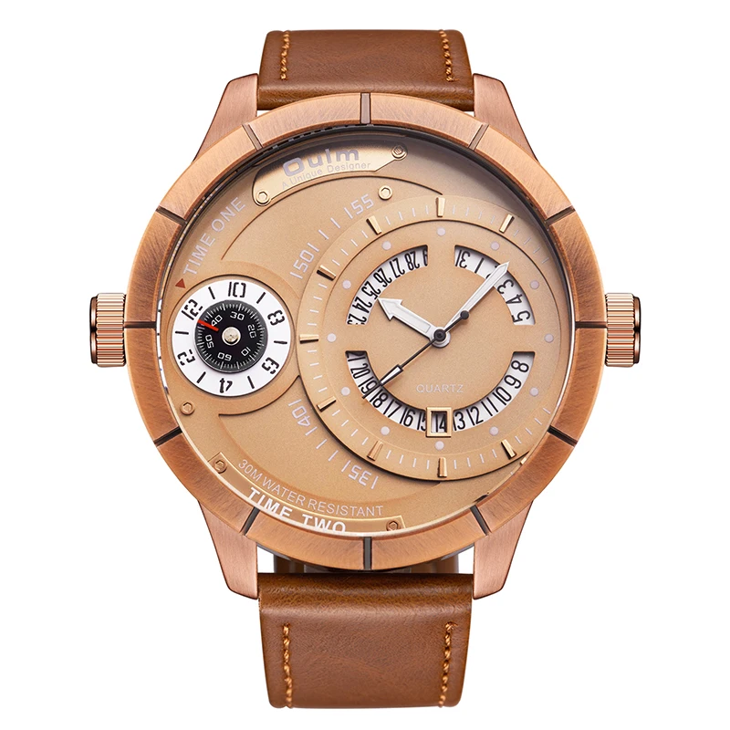 

Oulm Unique Design Calendar Quartz Watch Male Two Time Zone Big Watches Men Luxury Brand PU Leather Wristwatch Man Clock