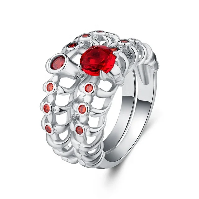 

Boho Multicolor Zircon Wedding Ring Sets For Women 925 Sterling Silver Filled Red Stone Stackable Wave Ring Female