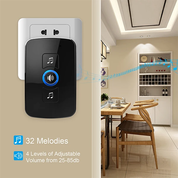 4 Levels Volume Wireless Door Bell，Waterproof Wireless Doorbell Chime Kit Operating Over at 250M//820FT with LED Flash 1 Transmitter and 1 Plug-in Receiver Black 52 Melodies to Choose