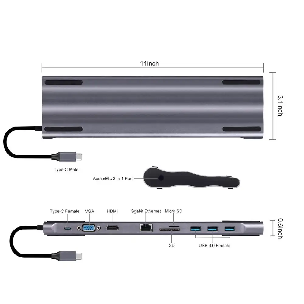 

Powerful 10-in-1 Type C Adapter with USB 3.0 HDMI SD TF 3.5AUX RJ45 PD Converter, Silver