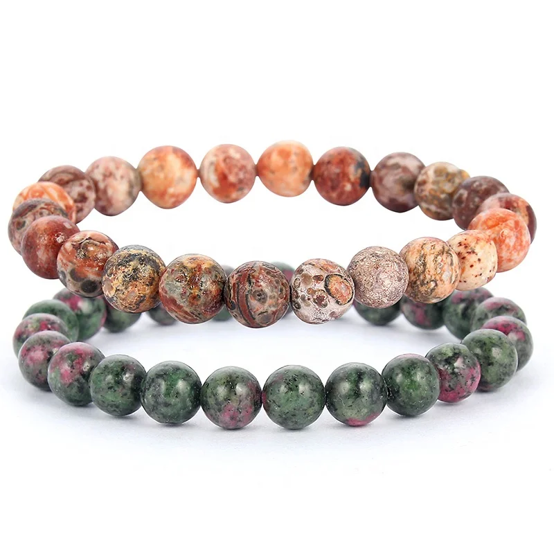 

Wholesale Men new Natural Flower green Stone Leopard stone 8mm Bracelet Handmade Beaded Bracelet, Photo