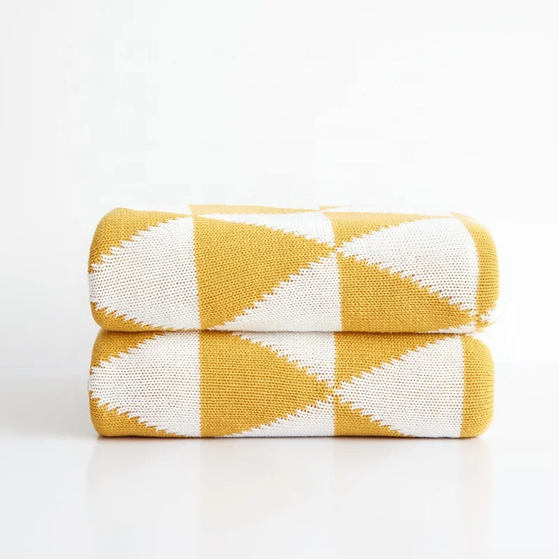 

Baby 100% Cotton geometry triangle knitted throw blanket shawl sofa office nap blanket yellow 90*110cm, Yellow and gray