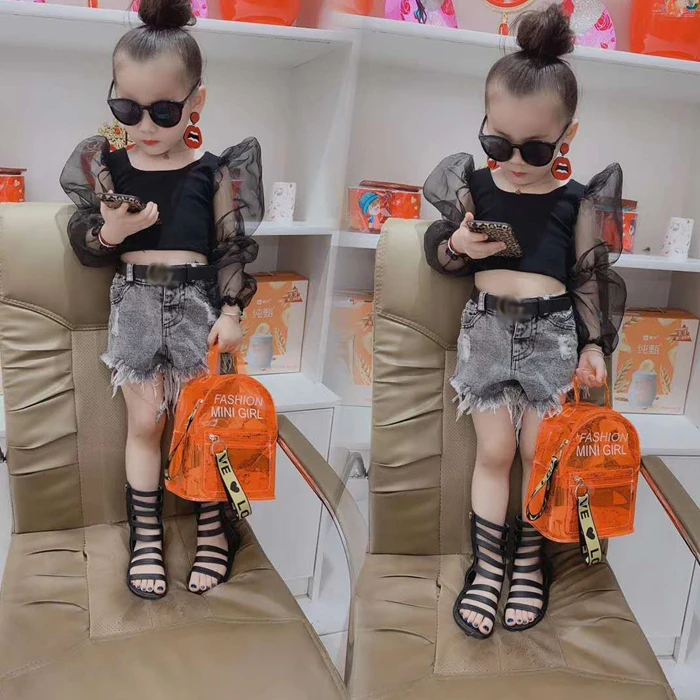 

Summer Fashion Kids Girl Organza Sheer Sleeves Crop Top Cute Toddler Girl Solid Black Top Styles Kids Girl Shirt 2-8 T, As photos