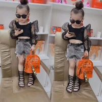 

Summer Fashion Kids Girl Organza Sheer Sleeves Crop Top Cute Toddler Girl Solid Black Top Styles Kids Girl Shirt 2-8 T