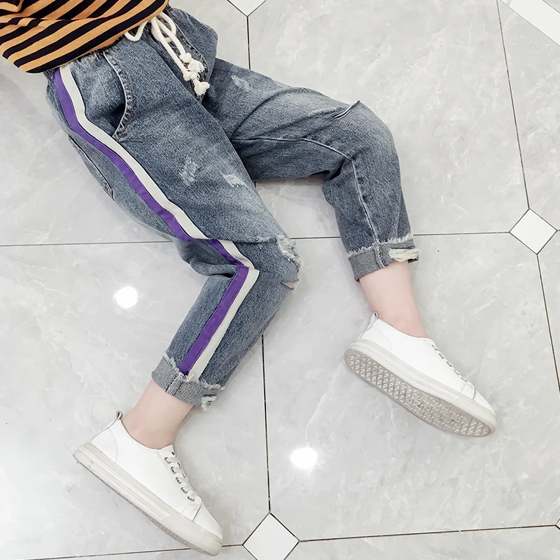 
High Quality Girls Spring Long Pants Denim Pants Kids Popular Loose Casual Stripes Jeans 