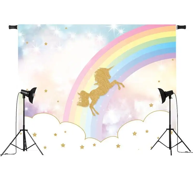 

150X90cm / 210X150cm Rainbow Sky Gold for Unicorn Stars Baby Photo Background Vinyl Photography Backdrops