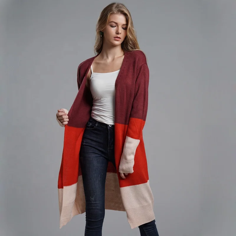 

Hot sale Women Long Cardigan Lady Sweater Knitted Loose Color Block, As shown in the pictures