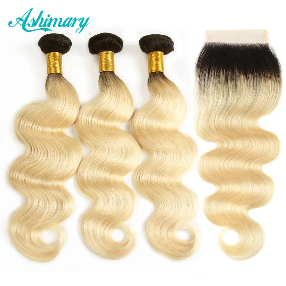 

9A #1B 613 Blonde Body Wave Ombre Brazilian Human Hair Extension Bundles With Lace Frontals Closures Two Tone Ombre Remy Hair, #1b/613 black to blonde
