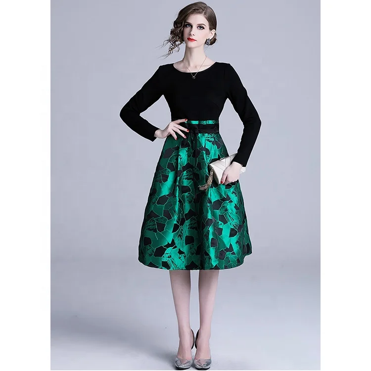 

Long Sleeve O Neck Slim Waist A Line Knee Length High Waist Elegant Women Casual Dress, Green