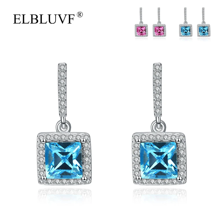 

ELBLUVF 925 Sterling Silver Womens Square CZ Blue Stone Dangle Earrings Jewelry For Wedding Party