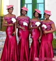 

New arrival appliqued lace good quality Customized long appliqued off the shoulder african mermaid bridesmaid dresses MBLB354