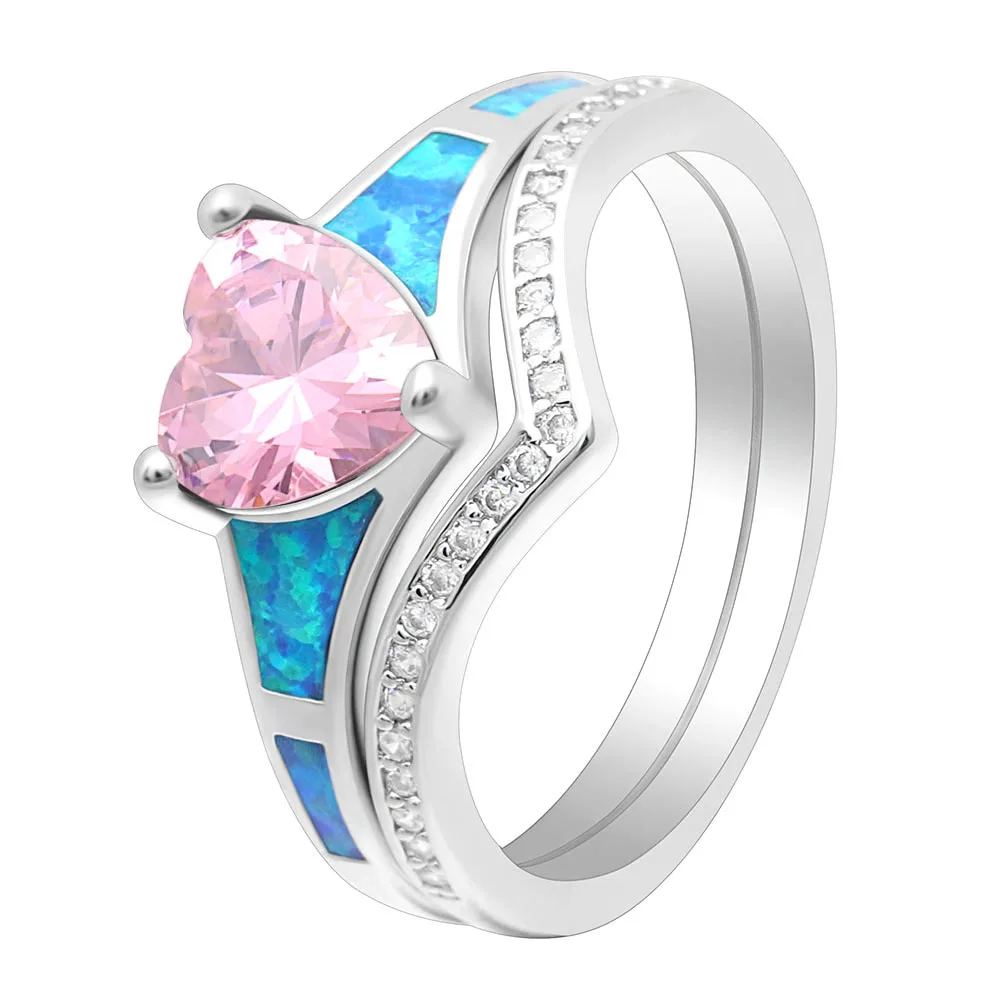 

women Opal Ring Unique Design Heart-shaped silver Plated opal stone wedding rings set