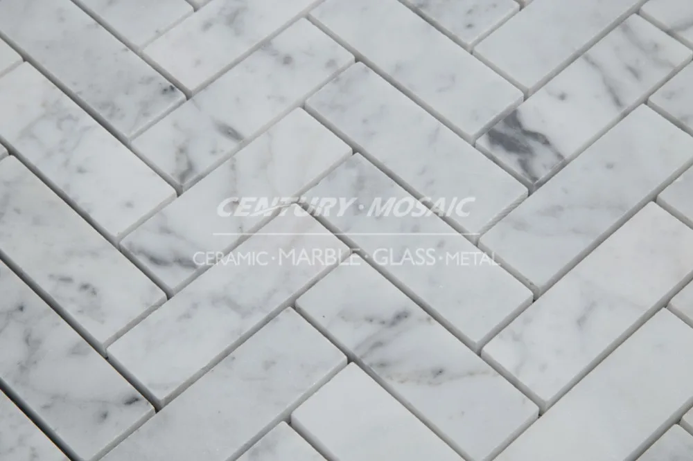 Herringbone Polished Carrara White Marble Mosaic Floor Tile (5)