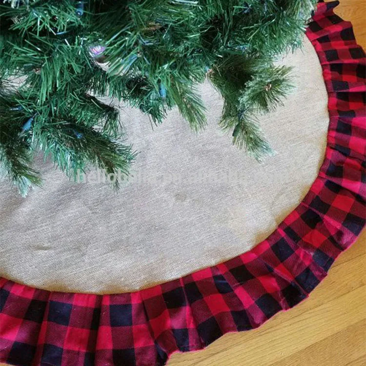 

Wholesale Hot Selling Burlap Tree Skirt with Buffalo Plaid Trim Monogrammed Buffalo Plaid Tree Skirt, As picture