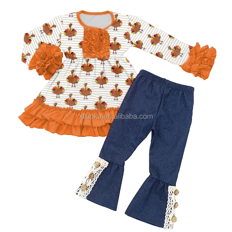 

High Quality Girl Holiday Clothing Icing Ruffle Sleeve Kids Thanksgiving Boutique Outfit, Picture