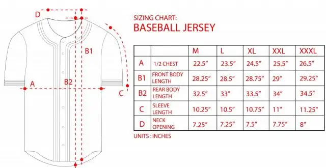Baseball Uniform Size Chart