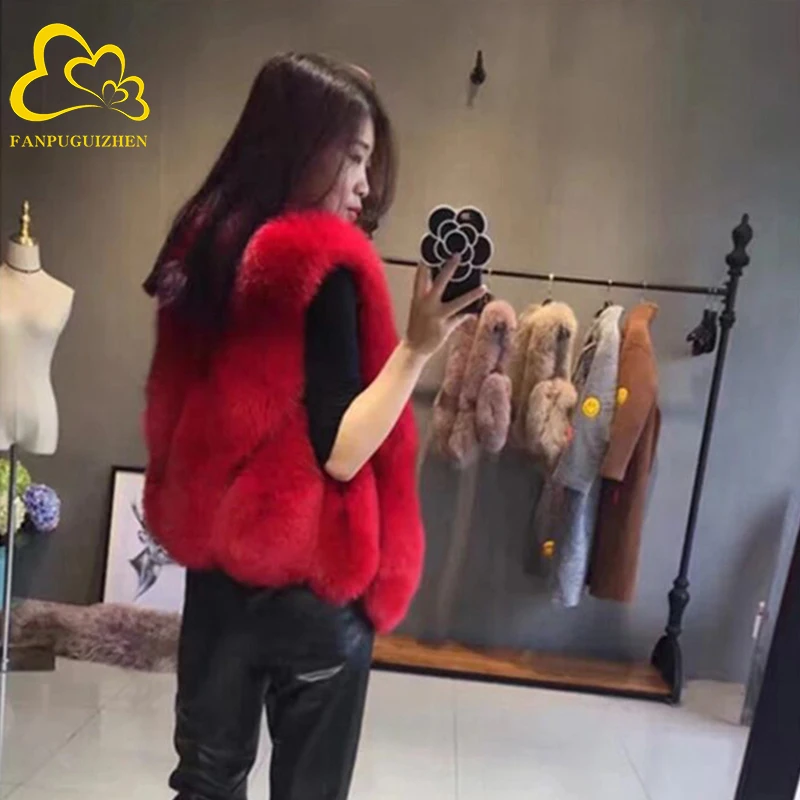 

custom and wholesale fashion high quality faux fox fur vest New design faux fox women sexy fox fur coat, Customized color