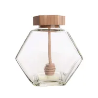 

Hot sale 500g Hexagonal Glass Honey Jam Jars With Wooden Bamboo Lid And wooden dipper