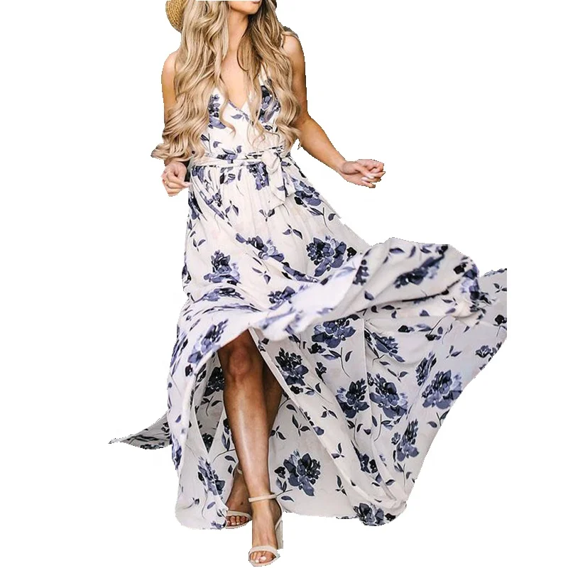 

2019 Amazon bohemian clothing V-neck sleeveless maxi dress woman floral print boho dress, White