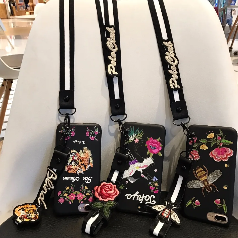 

Tiger Flowers Soft Cell Case for iPhone X 8 7 7s 6 6s plus with Embroidery Lanyard Honeybee TPU Gel Back Case Funda Cover, N/a