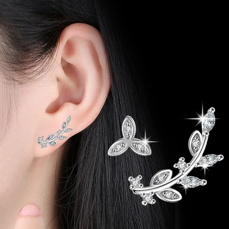 

Fashion Korean version flower leaves zircon asymmetric leaves earrings