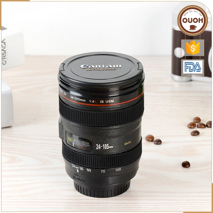 

China Factory Promotional Wholesale Creative 24-105mm Camera Lens Shaped 16oz Plastic Coffee Cups Mugs With Lid, Black