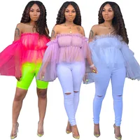

puff sleeve fashion off shoulder mesh ladies ruffle top