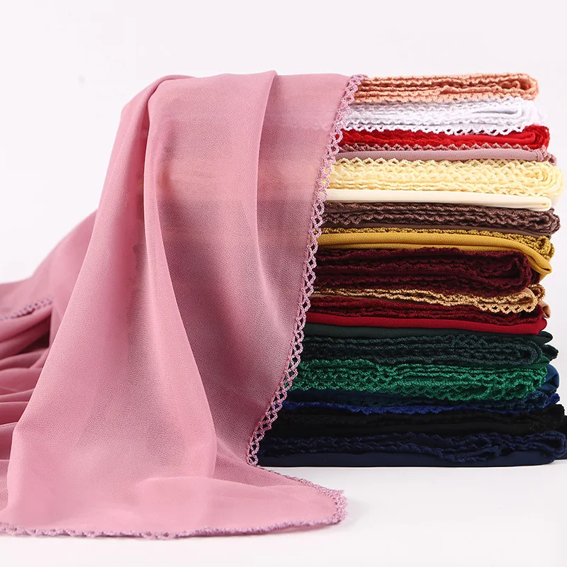 
Wholesale 2019 hot sale muslim hijab shawl scarf fashion 21colors plain bubble chiffon lace edges girl muslim hijab  (60835360391)