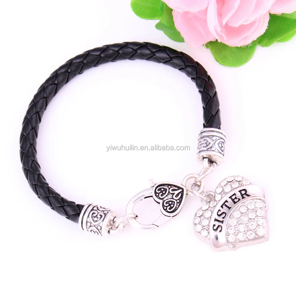 

IMG 5754 Fashion Jewelry lettering SISTER crystal heart shape fashion charm bracelet for family for gift