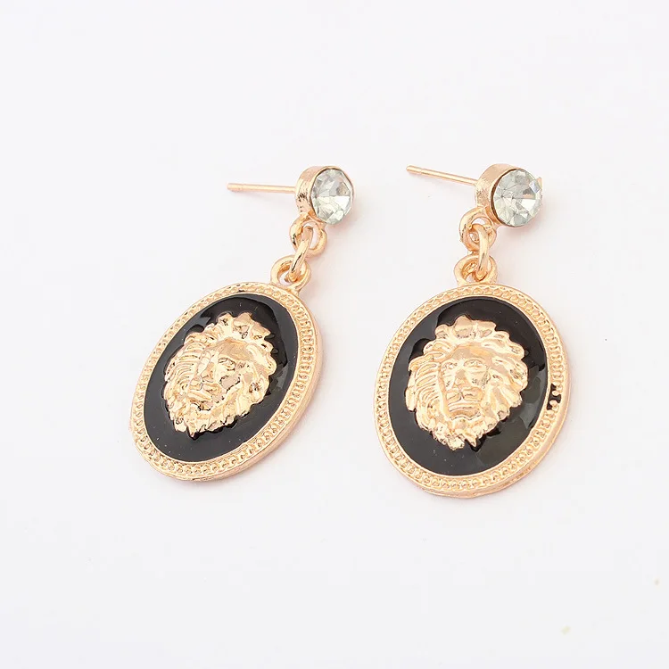Vintage Designer Gold Plated Black Oil Drop Round Lion Head Earrings Medallion Lion Head Drop Earrings