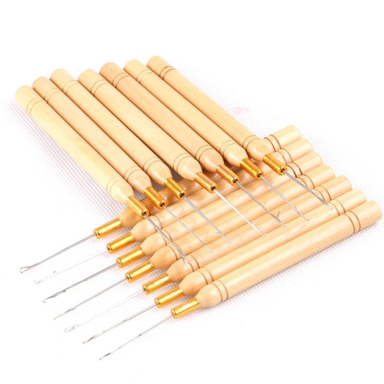 

10pcs/lot Micro Rings Link Beads Tools Wooden Hook Pulling Needle Threader for I-tip Hair Extension  Wooden and Metal, Varnish color
