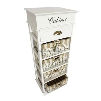 5 Drawer Storage Unit Wood Wicker Tower Bins Cabinet Baskets